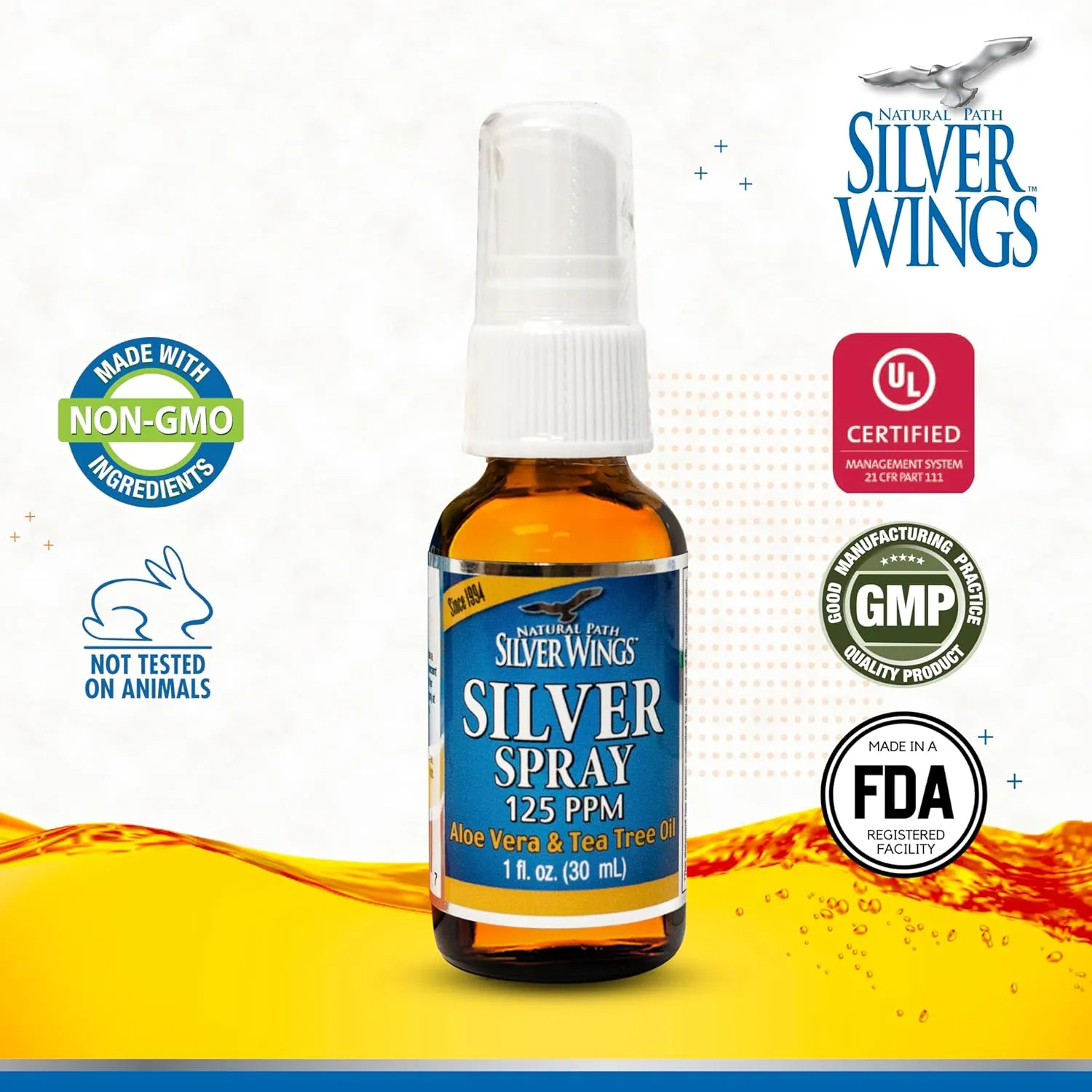 Natural Path Silver Wings - Silver Spray with Aloe Vera & Tea Tree Oil  125ppm - 1oz