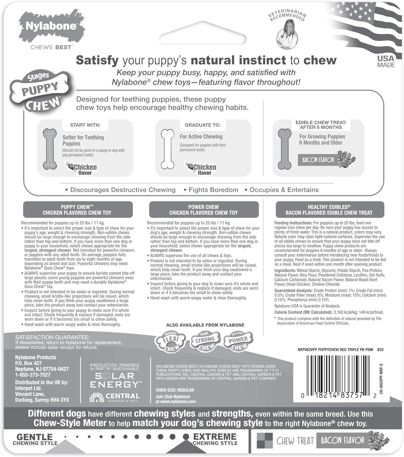 Nylabone Puppy Chew Toys & Natural Treat Triple Pack, Pink, Chicken & Bacon Flavor, Small - Up to 25 Ibs, 3 Pack