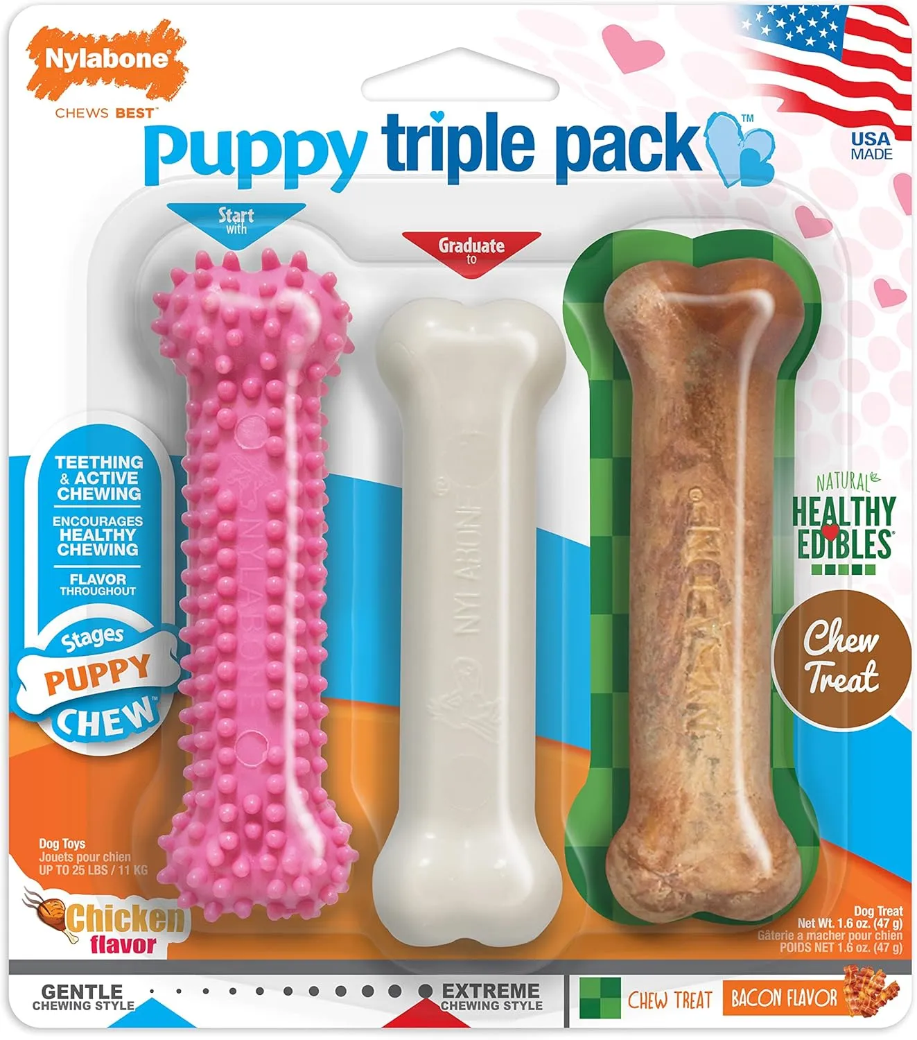Nylabone Puppy Chew Toys & Natural Treat Triple Pack, Pink, Chicken & Bacon Flavor, Small - Up to 25 Ibs, 3 Pack