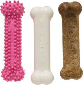 Nylabone Puppy Chew Toys & Natural Treat Triple Pack, Pink, Chicken & Bacon Flavor, Small - Up to 25 Ibs, 3 Pack