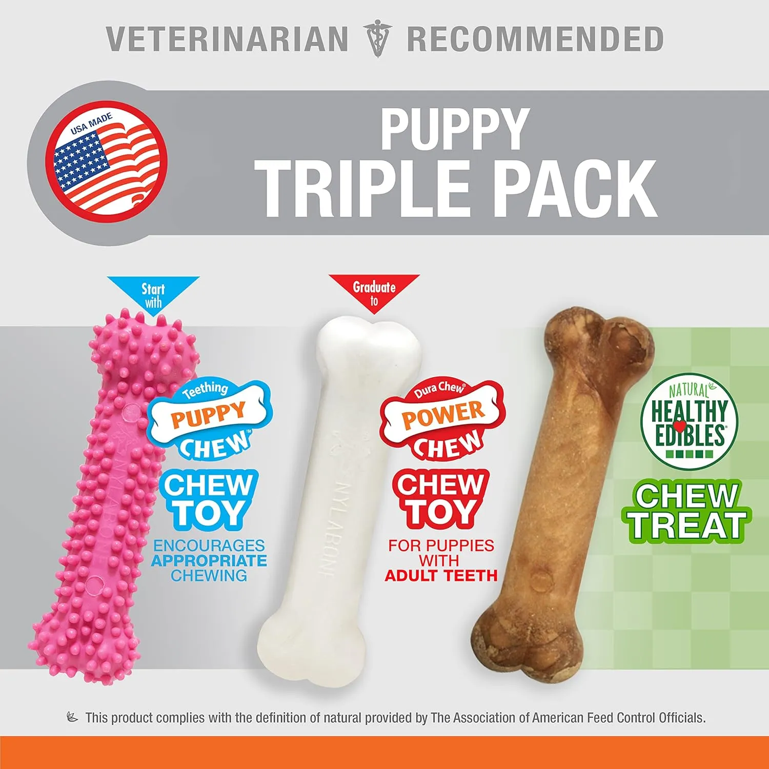 Nylabone Puppy Chew Toys & Natural Treat Triple Pack, Pink, Chicken & Bacon Flavor, Small - Up to 25 Ibs, 3 Pack