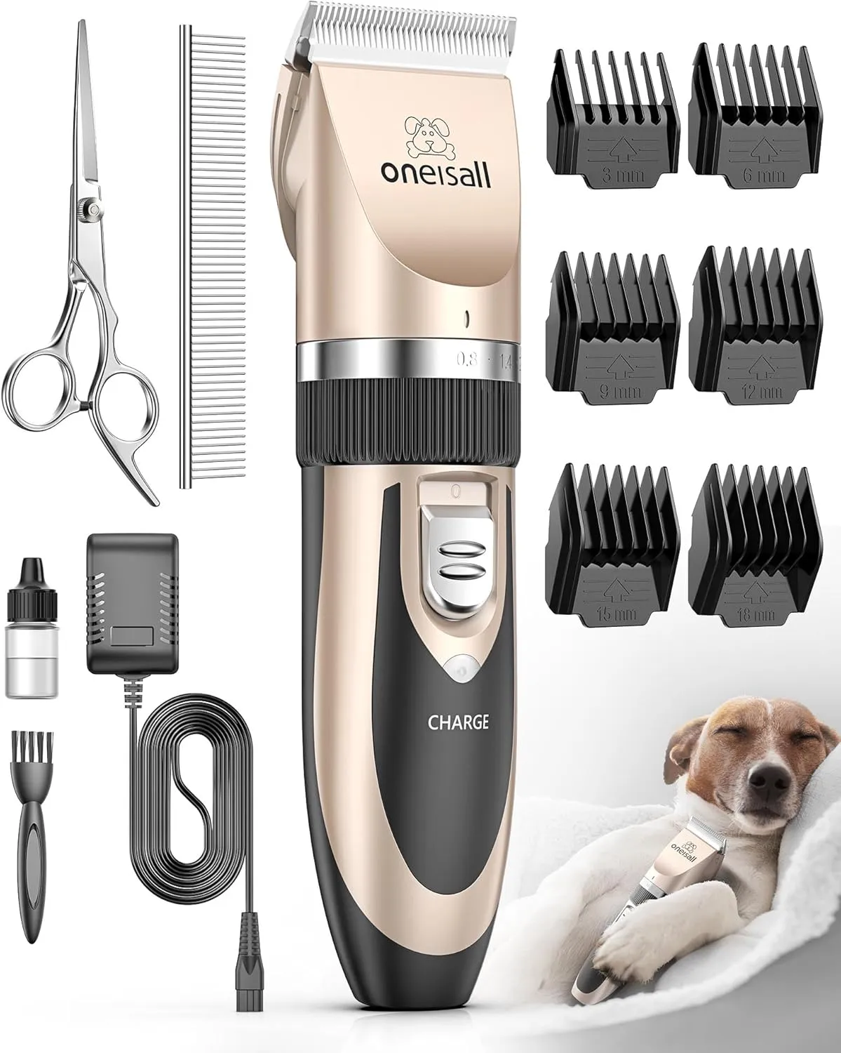 oneisall Dog Clipper Low Noise, Dog Grooming Kit with Rechargeable, Dog Shaver Cordless Electric Quiet Hair Clipper Set for Dog Cats PetsGold