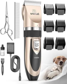 oneisall Dog Clipper Low Noise, Dog Grooming Kit with Rechargeable, Dog Shaver Cordless Electric Quiet Hair Clipper Set for Dog Cats PetsGold
