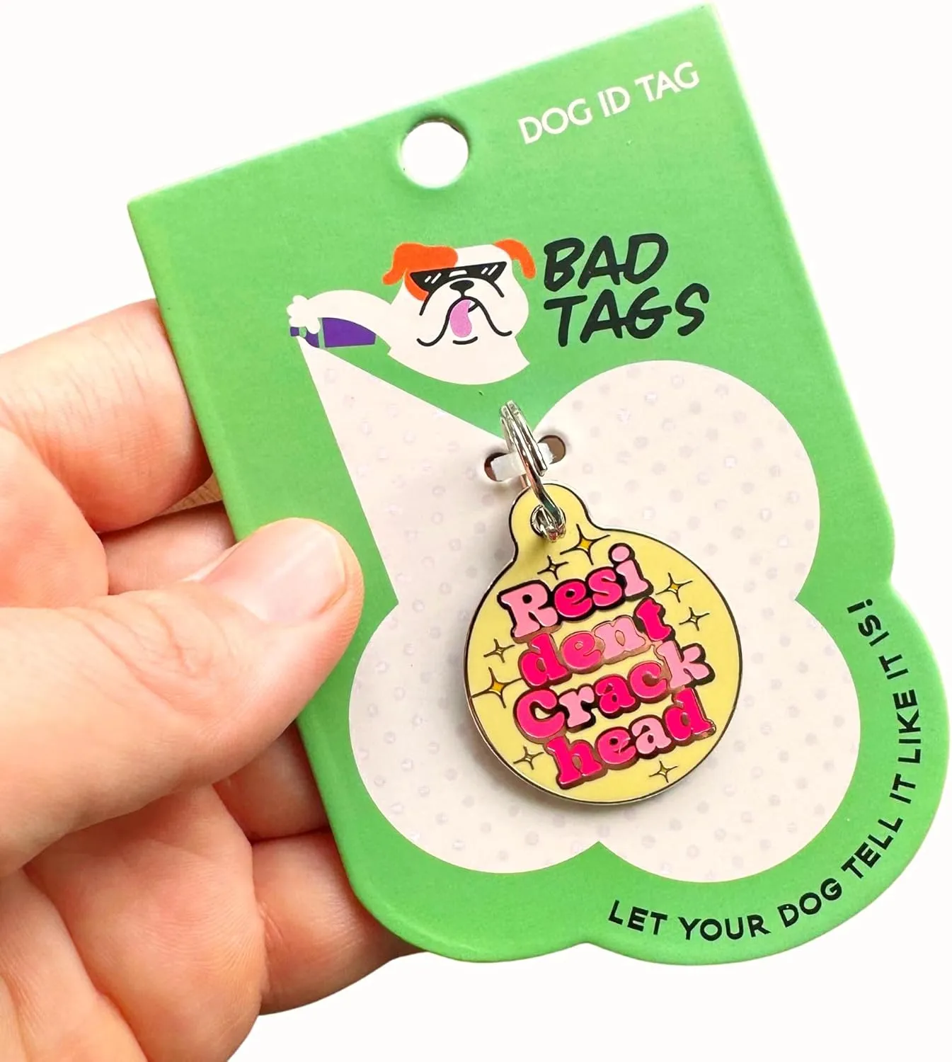 Pet ID Tag - Resident Crackhead - Unique Dog Tags with QR Code Engraved On Backside and Personalized Online Pet Profile (Resident Crackhead, Large (1.25 inch))