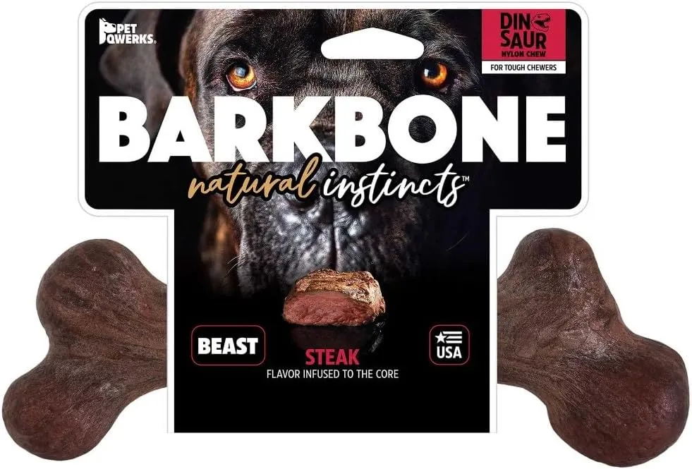 Pet Qwerks Dinosaur BarkBone - Nylon Dog Bone for Aggressive Chewers - Steak Flavor - 11"