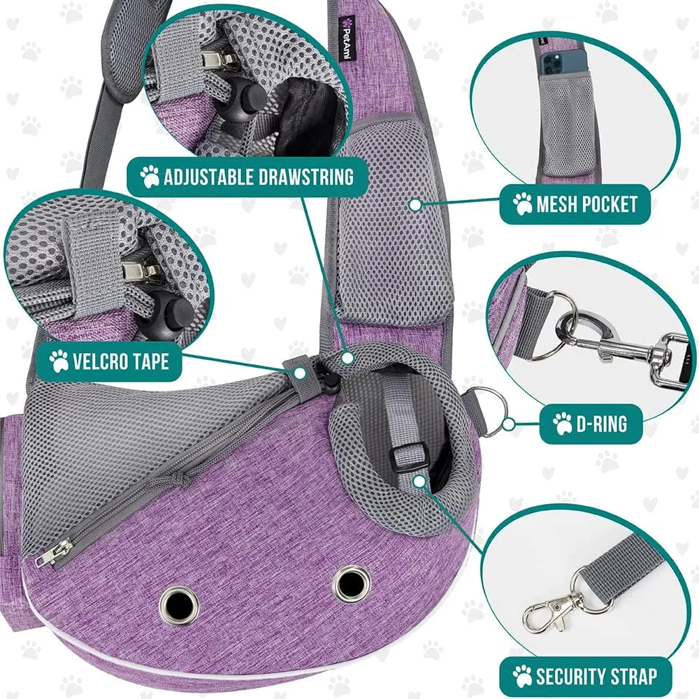 PetAmi Dog Sling Carrier for Small Dogs, Puppy Carrier Sling Purse, Dog Bags For Traveling, Carrying Bag to Wear Medium Cat, Adjustable Crossbody Pet Sling Travel Poop Bag Dispenser, Max 10lbs, Purple