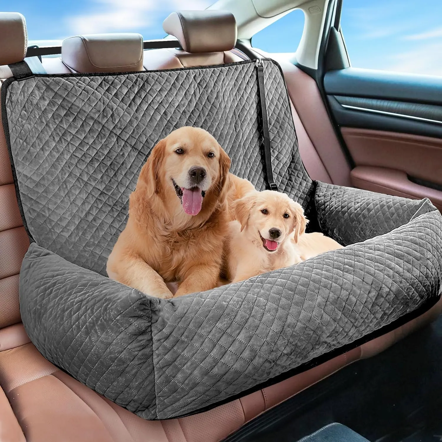 Sephyroth Dog Car Seat for Medium/Large Dogs - Soft Crystal Velvet Dog Car Bed with Safety Belt Buckle, Pet Car Seat for Back Seat, Suitable for Dogs Under 60 lbs or Two Small Dogs