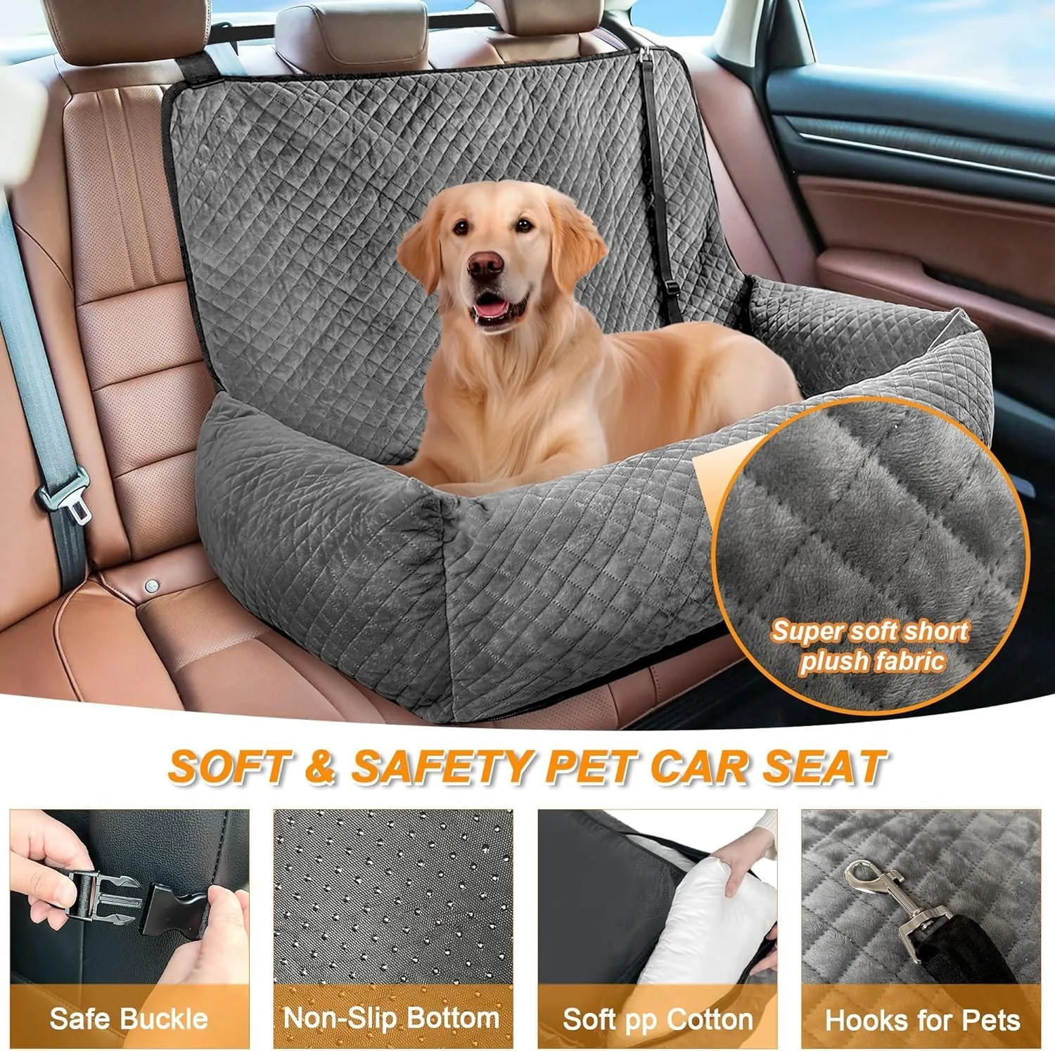 Sephyroth Dog Car Seat for Medium/Large Dogs - Soft Crystal Velvet Dog Car Bed with Safety Belt Buckle, Pet Car Seat for Back Seat, Suitable for Dogs Under 60 lbs or Two Small Dogs