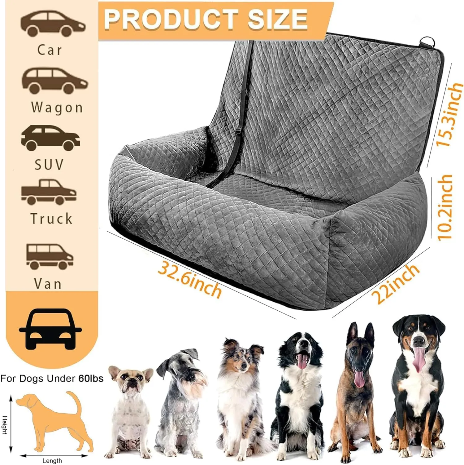 Sephyroth Dog Car Seat for Medium/Large Dogs - Soft Crystal Velvet Dog Car Bed with Safety Belt Buckle, Pet Car Seat for Back Seat, Suitable for Dogs Under 60 lbs or Two Small Dogs