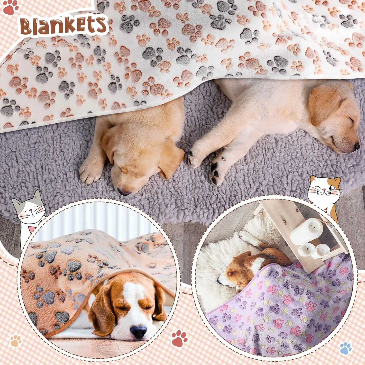 Tatuo 4 Pcs Dog Blanket for Pet Puppy Teething Toys Paw Print Fleece Blanket for Pet Cat Soft Warm Sleep Mat Guinea Pig Cage Mat(Large(36 x 36 Inch),White, Coffee, Pink, Purple)