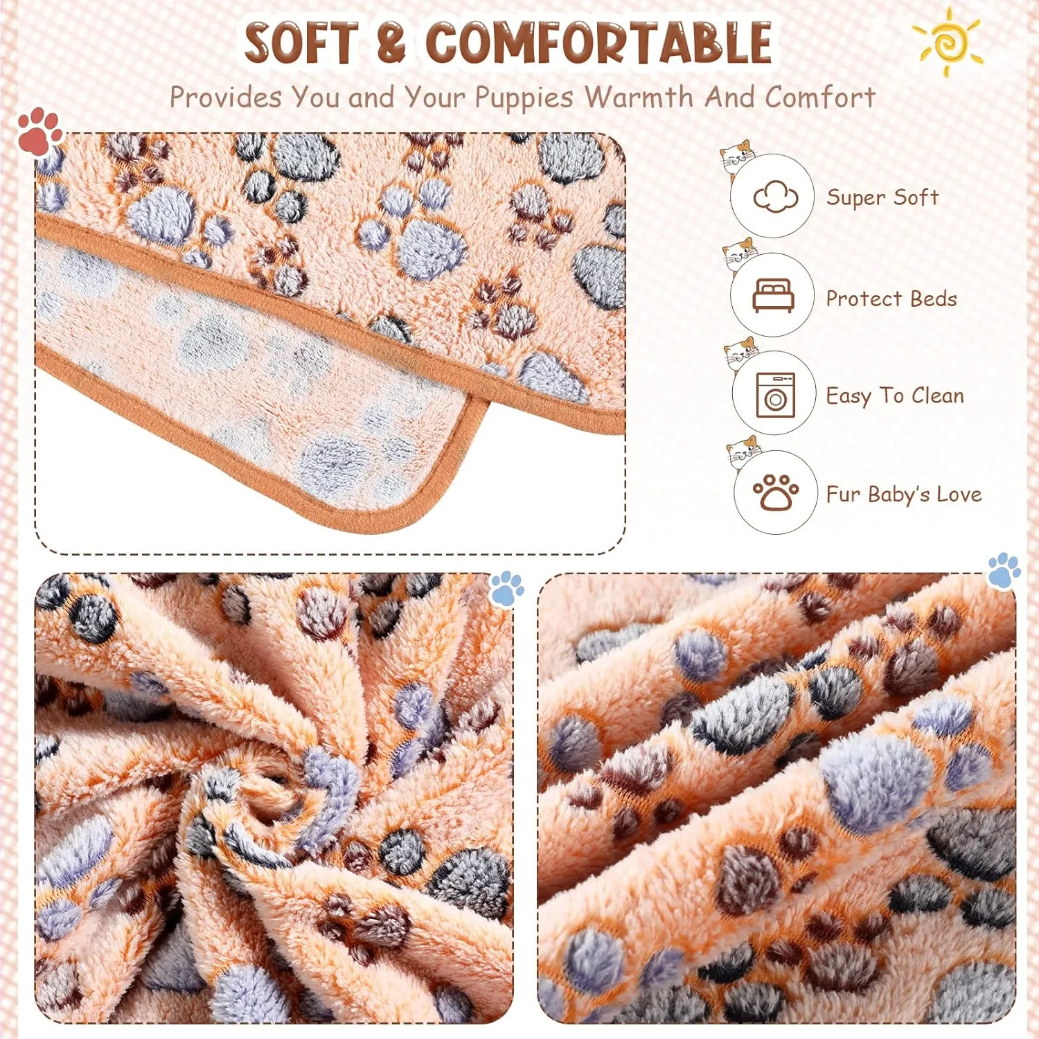 Tatuo 4 Pcs Dog Blanket for Pet Puppy Teething Toys Paw Print Fleece Blanket for Pet Cat Soft Warm Sleep Mat Guinea Pig Cage Mat(Large(36 x 36 Inch),White, Coffee, Pink, Purple)