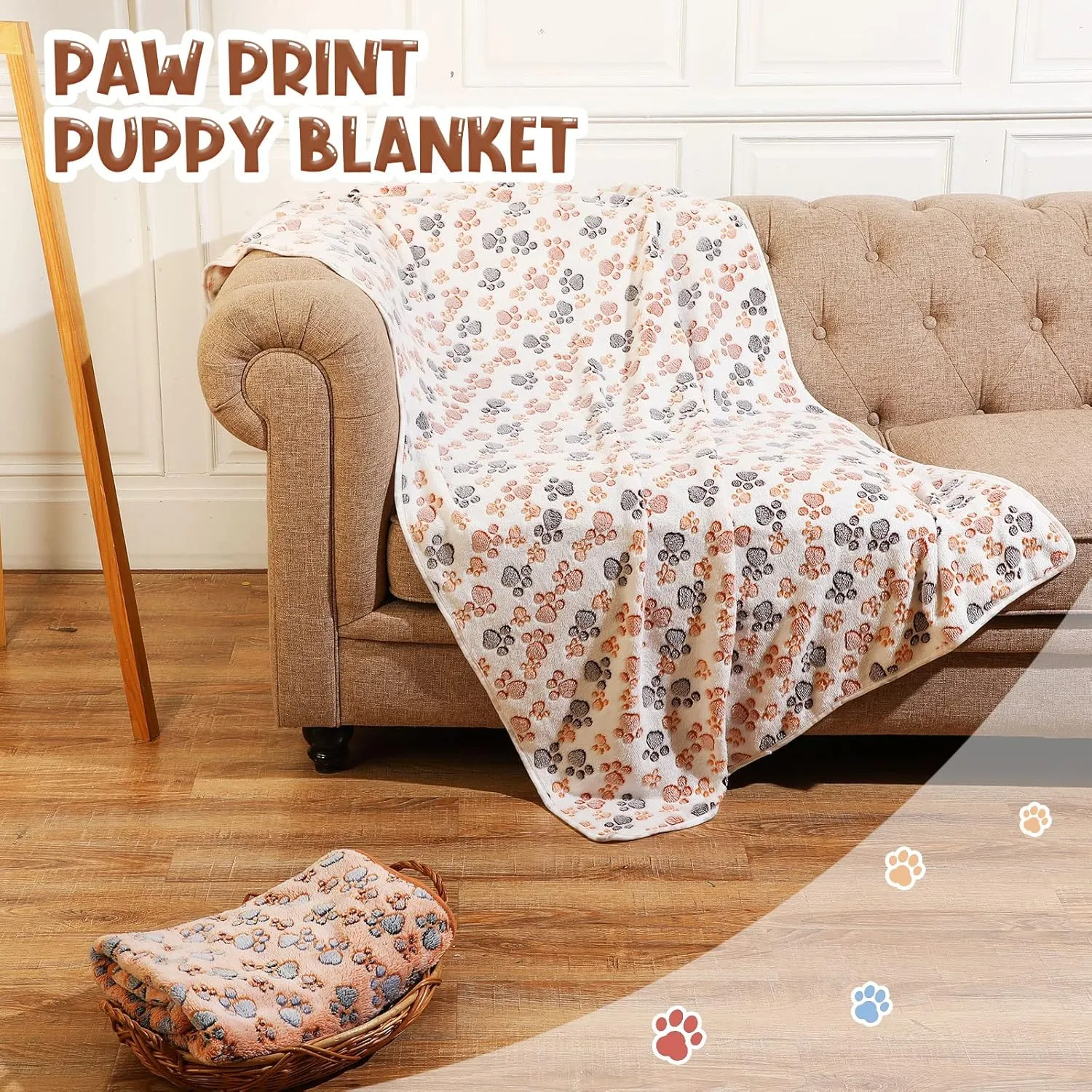 Tatuo 4 Pcs Dog Blanket for Pet Puppy Teething Toys Paw Print Fleece Blanket for Pet Cat Soft Warm Sleep Mat Guinea Pig Cage Mat(Large(36 x 36 Inch),White, Coffee, Pink, Purple)