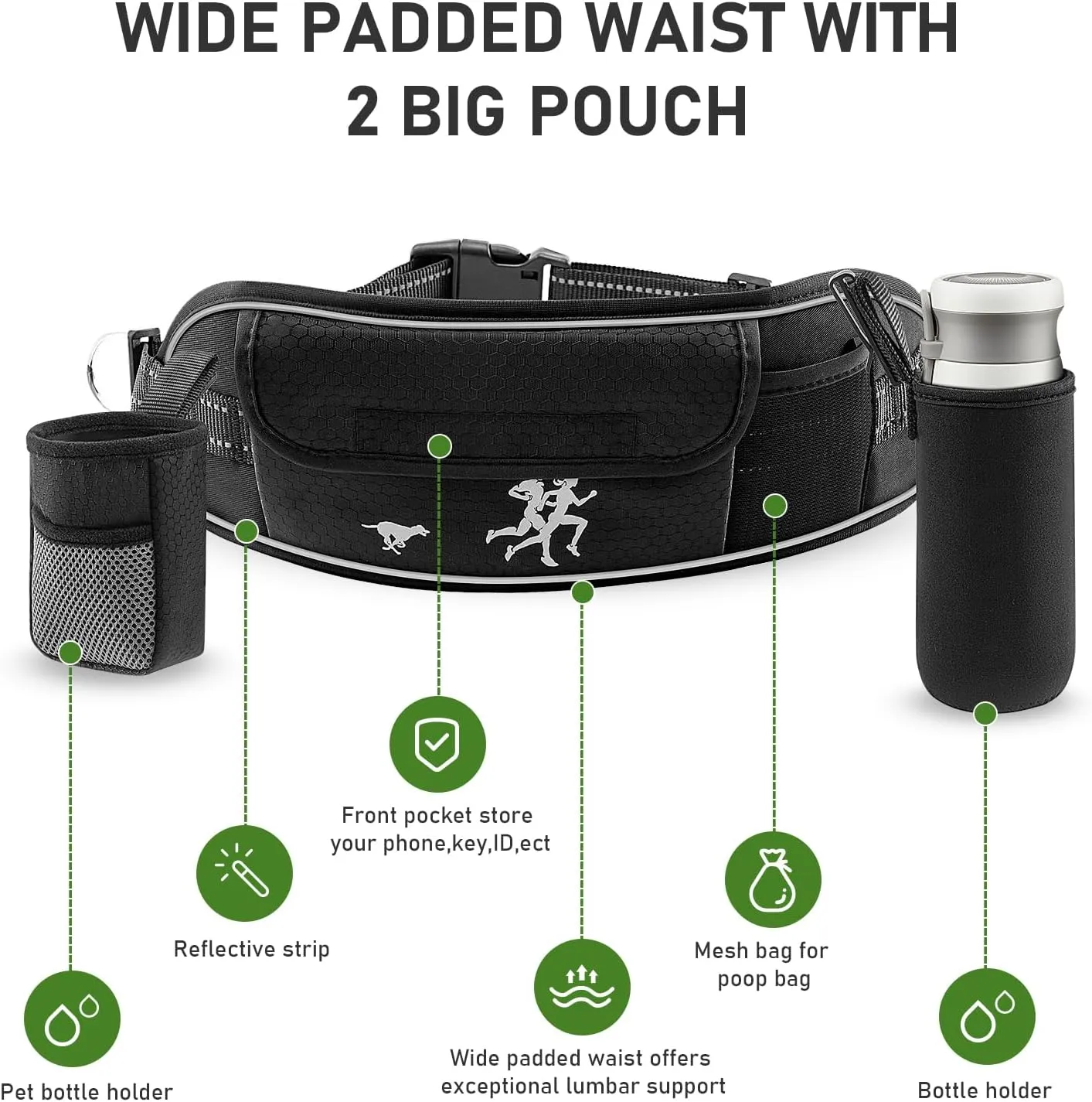 TECSPACE Hands Free Dog Leash for Dog, Adjustable Waist Belt for Dogs Walking with Pouch, Hands Free Leash for Running Walking Hiking Biking (Large-1Dog)