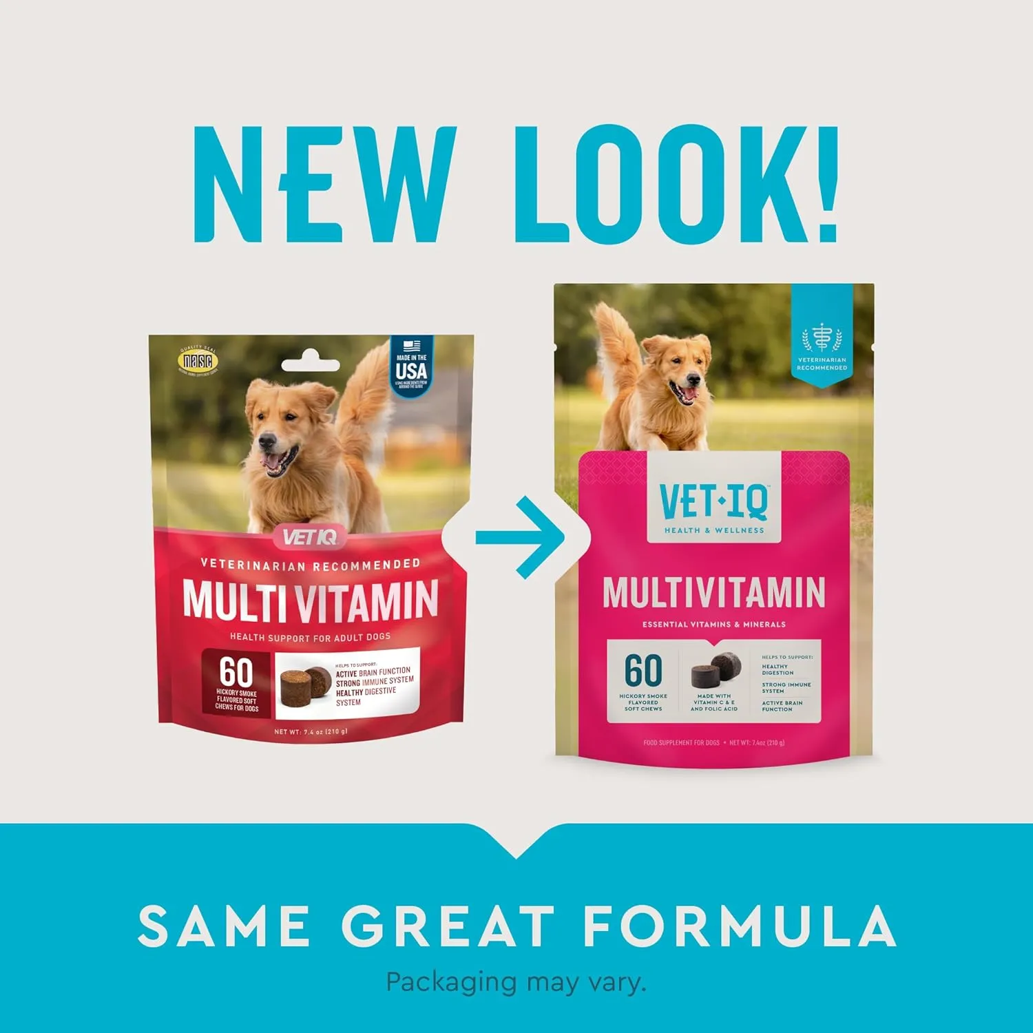 VetIQ Multivitamin Supplement for Dogs, Supports Active Brain Function, Immune System, and Digestive System, Hickory Smoke Flavored Dog Multivitamin, Made in The USA, 60 Count