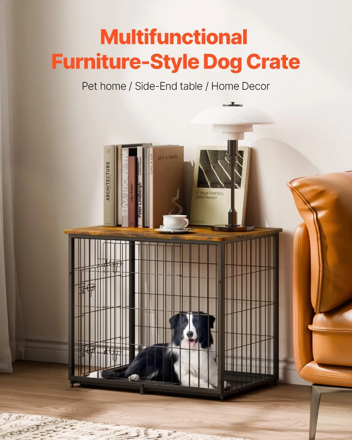 VEVOR 27" Dog Crate Furniture With Double Doors, 2-in-1 Decorative Wooden Kennel End Table, Removable Tray, Holds up to 30 lbs for Small, Medium Dogs - Brown