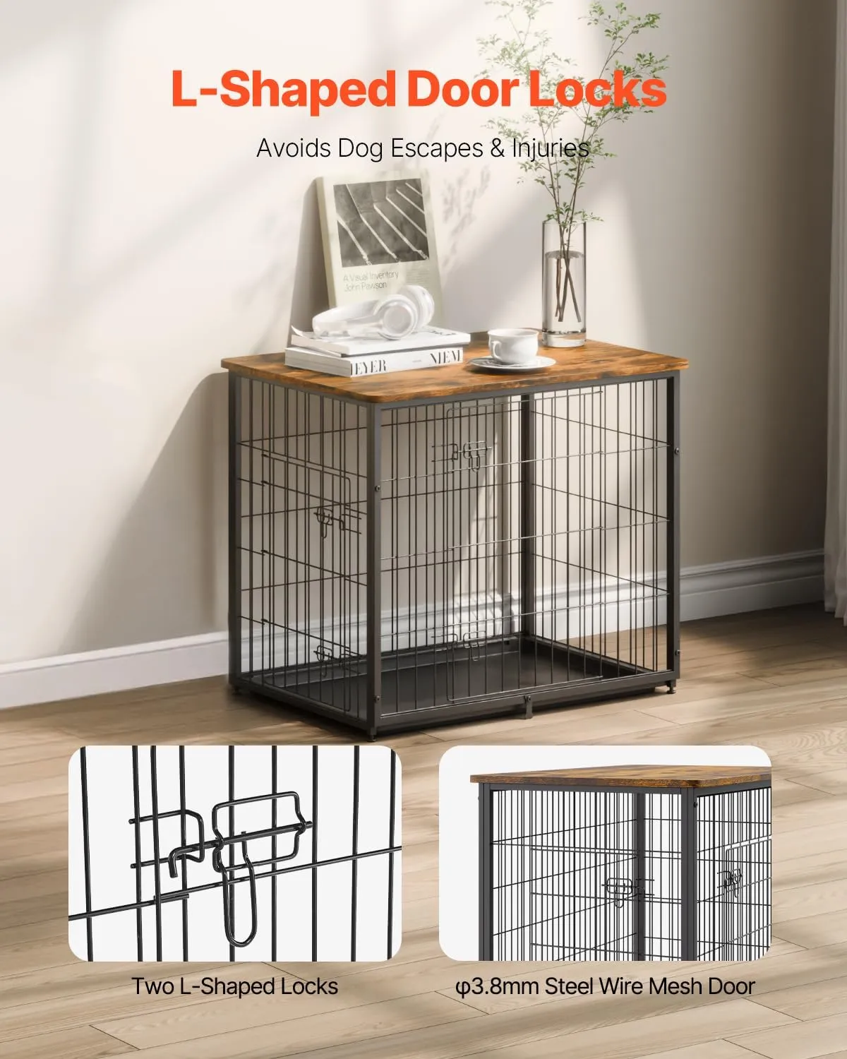 VEVOR 27" Dog Crate Furniture With Double Doors, 2-in-1 Decorative Wooden Kennel End Table, Removable Tray, Holds up to 30 lbs for Small, Medium Dogs - Brown