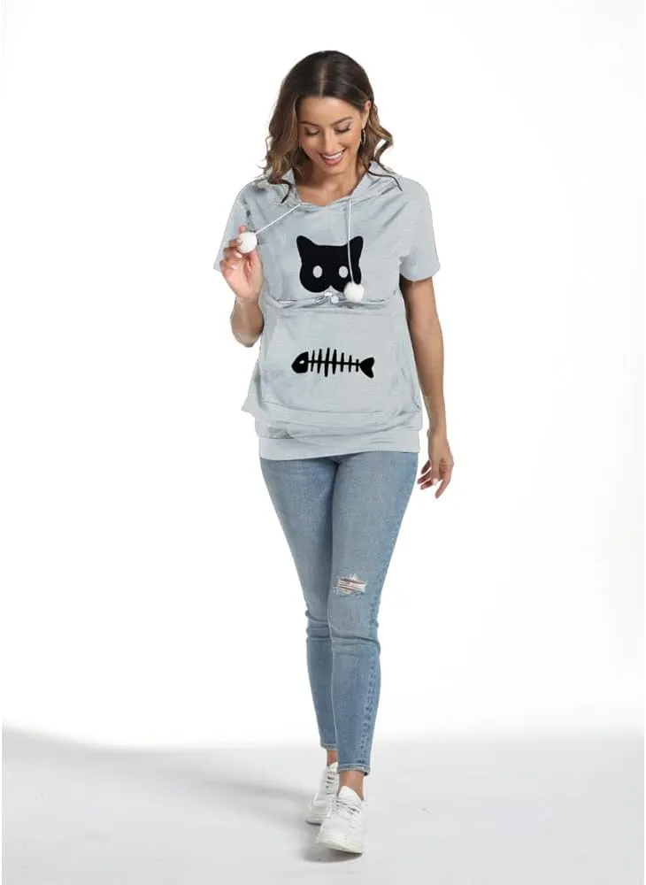 YYW Cat Pouch Hoodie Short Sleeve Puppy Kitten Pet Holder Carrier Hoodies Unisex Summer(Pattern A-Light Grey, XL)