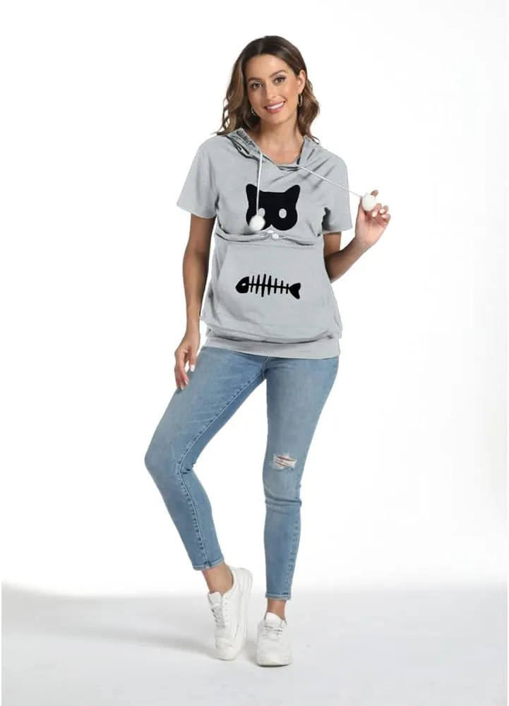 YYW Cat Pouch Hoodie Short Sleeve Puppy Kitten Pet Holder Carrier Hoodies Unisex Summer(Pattern A-Light Grey, XL)