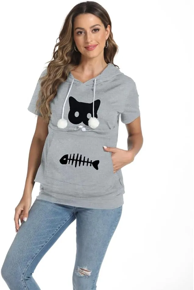 YYW Cat Pouch Hoodie Short Sleeve Puppy Kitten Pet Holder Carrier Hoodies Unisex Summer(Pattern A-Light Grey, XL)