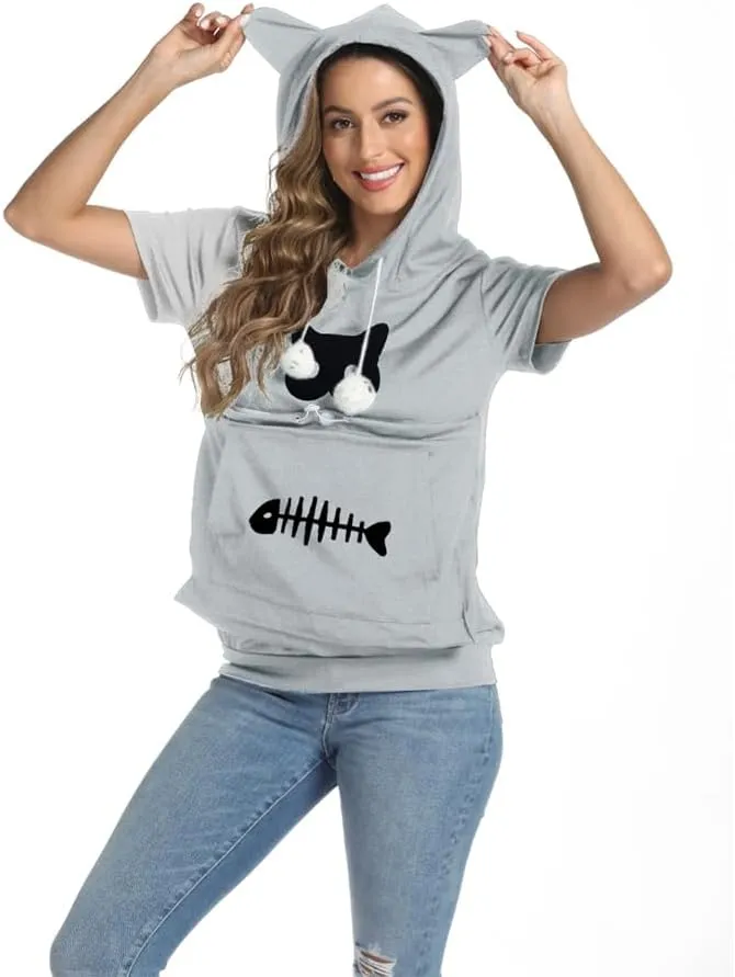YYW Cat Pouch Hoodie Short Sleeve Puppy Kitten Pet Holder Carrier Hoodies Unisex Summer(Pattern A-Light Grey, XL)