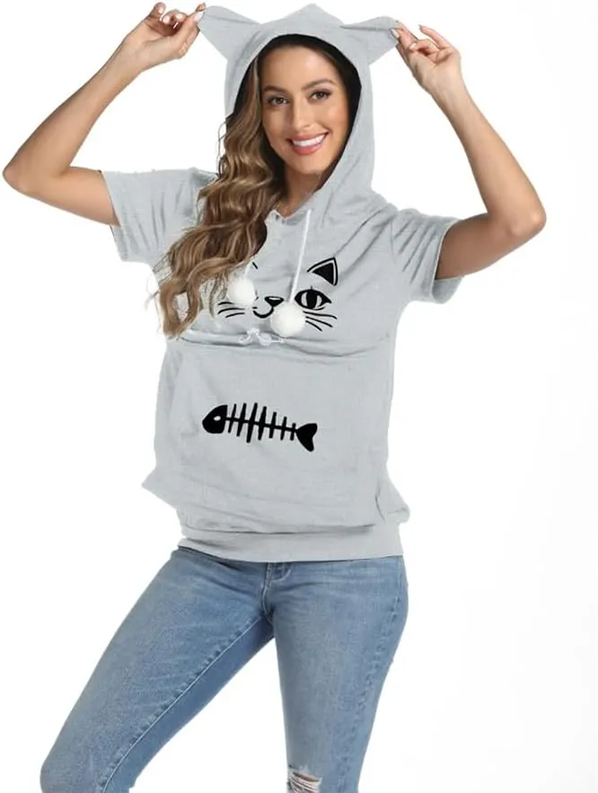 YYW Cat Pouch Hoodie Short Sleeve Puppy Kitten Pet Holder Carrier Hoodies Unisex Summer(Pattern B-Light Grey, XL)