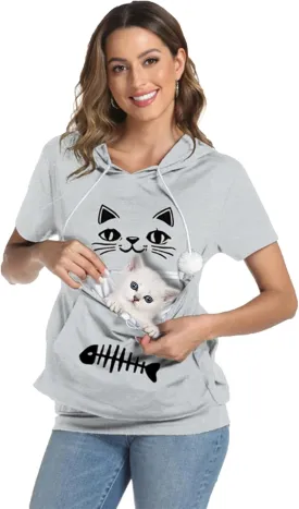 YYW Cat Pouch Hoodie Short Sleeve Puppy Kitten Pet Holder Carrier Hoodies Unisex Summer(Pattern B-Light Grey, XL)