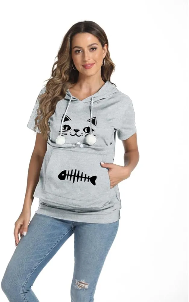 YYW Cat Pouch Hoodie Short Sleeve Puppy Kitten Pet Holder Carrier Hoodies Unisex Summer(Pattern B-Light Grey, XL)